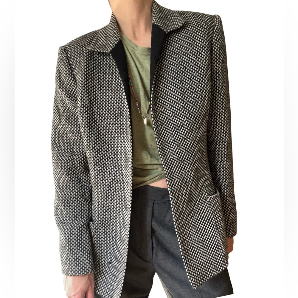 Tahari Black White Check Open Front Lined Blazer Size 14 - Picture 3 of 14